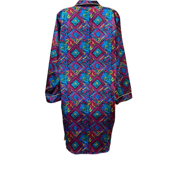 Vintage Adolfo Classics Womens Satin Pajama Shirt With Retro Geometric Print & C - Picture 2 of 10